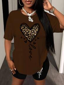 Zolique Women's Drop Shoulder T-Shirt 2pcs/Set With Heart And Leopard Print - Multicolor - View 3