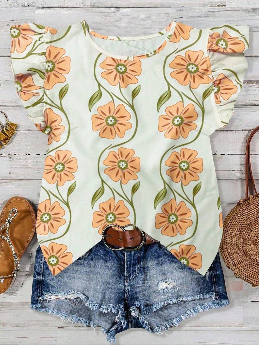 EMERY ROSE 女士休闲花卉印花盖袖竹纤维圆领衬衫，春夏季 - 黃色 - 查看 1