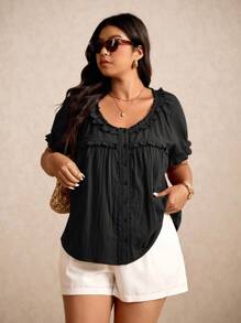 Elaquor Áo cánh tay ngắn bèo nhún màu trơn cỡ lớn cho nữ, mùa hè - màu đen - Xem 6