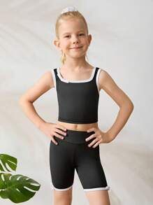 SHEIN Young Girls' Athleisure Set, High-Stretch, Black Fitted Tank Top, White Bow Decor + Elastic Waist Skinny Leggings, Soft, Comfortable, Casual, Suitable For Leisure, Outdoor Sports, And Various Casual Occasions