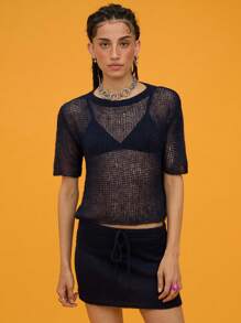 COUREZ Open Knit Loose Fit Top /Sumner Tops Summer For Women Y2K Cute Summer Tops Vintage - Royal Blue - View 2