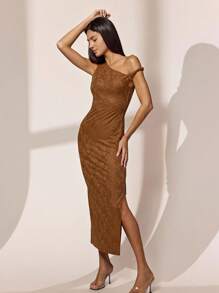 Almamuse Elegant knutstrukturerad jacquardklänning för kvinnor - Brun - Visa 4