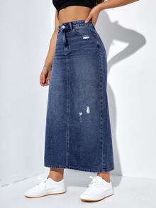 EURMUSE Casual Washed Distressed Long Denim Skirt - Dark Wash - View 6
