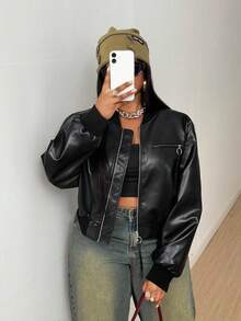 Maweii Áo khoác da giả cỡ lớn có túi trang trí bên hông và ngực, bo gấu tay và gấu áo để mặc dạo phố - màu đen - Xem 4