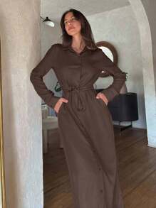 Cloudara 休闲风格，亚麻外观，系腰带长衬衫裙，适合端庄 - 棕色 - 查看 4