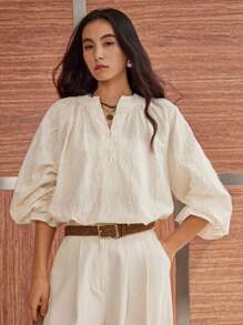 DAZY Women's Loose Casual Wavy Striped Elegant V-Neck Long Sleeve Patchwork Ruffled Blouse, Suitable For Summer, Spring And Autumn,Fall Women Clothes - Beige - View 6