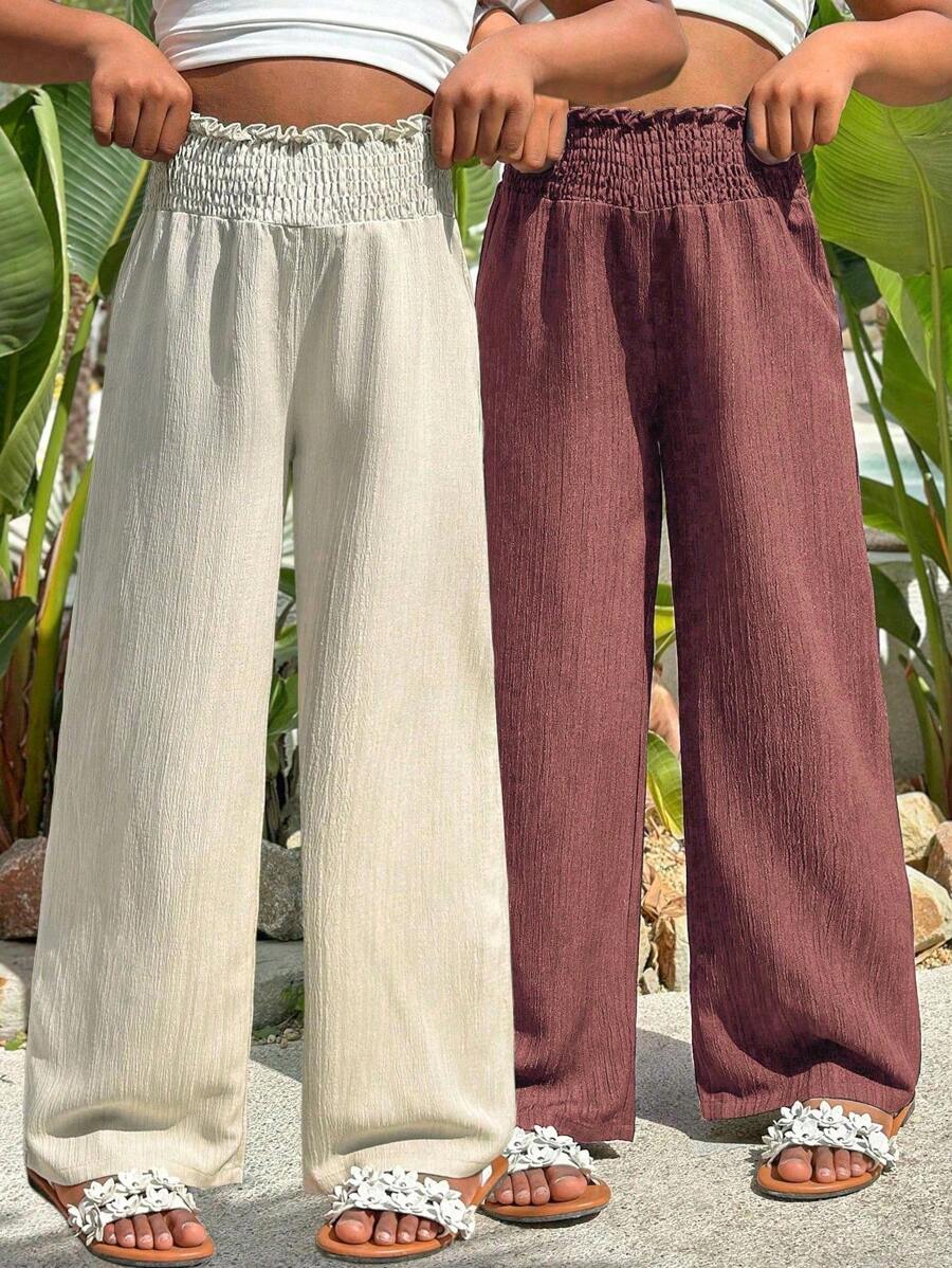 2条装少女休闲度假海滩乡村旅行日常百搭宽松褶皱阔腿裤,适合秋冬季学校、校园、学院风穿着 - 彩色 - 查看 1