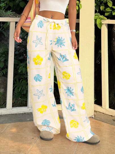 SHEIN EZwear Women's Resort Style Sun Print Elastic Waist Pocket Casual Pants