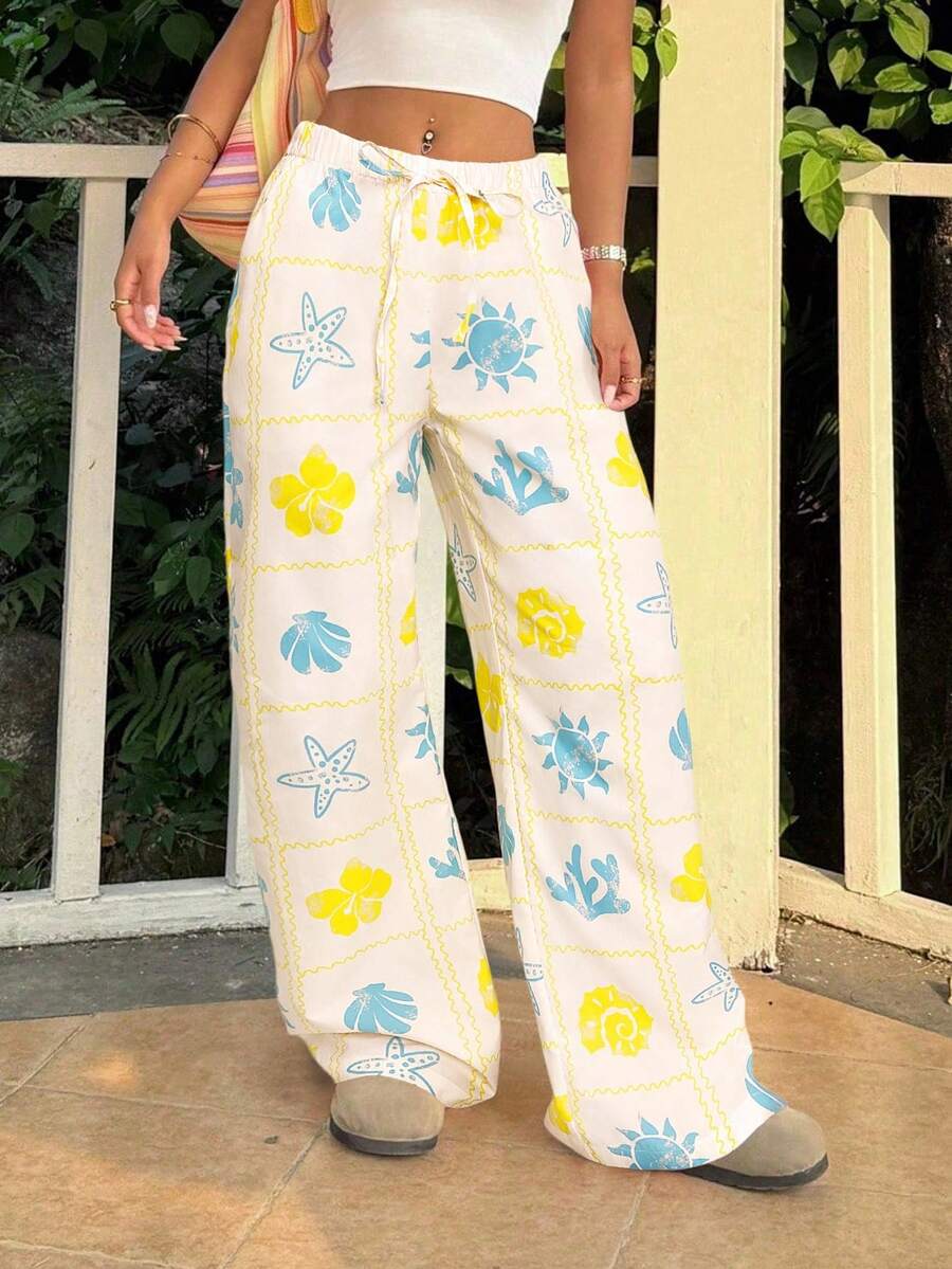 SHEIN EZwear Quần dài thường ngày cạp chun in họa tiết chống nắng phong cách nghỉ dưỡng cho nữ - Nhiều màu - Xem 1