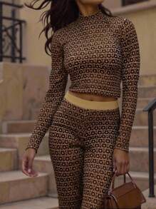 INAWLY 女式加大码全印花复古休闲修身高弹力长袖圆领上衣，松紧腰纯色修身裤，2 件套