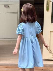 SHEIN Young Girls Floral Petal Sleeve Round Neck Princess Dress - Blue - View 4
