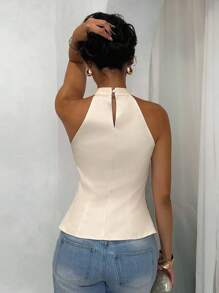 Glamine Camisa informal elegante sin mangas de color albaricoque Ine de metal con hebilla para mujer, ropa de otoño para mujeres, de vuelta a la escuela