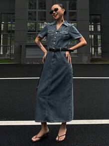 DAZY Women's Puff Sleeve Denim Dress, Spring/Summer Maxi Dress - Dusty Blue - View 4