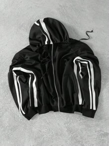 Manfinity Roghcode Sudadera con capucha de bloques de color y rayas con cremallera y cordón, sudadera negra para hombre - Negro - Ver 3