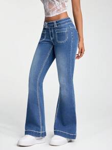SHEIN ICON Casual Washed High Street Low Waist Jeans - Medium Wash - View 3