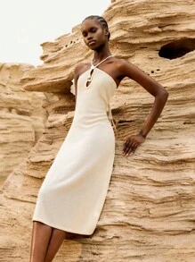 Lumivelle Vestido mini de punto ajustado sin mangas casual para mujer, ideal para vacaciones - Albaricoque - Ver 4