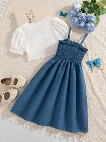 Genkimix Kids Girls Summer New Minimalist Spaghetti Strap Bow Embellished Overall Dress With Ruffle Sleeve Top, Vintage Elegant Cute Dress 2pc Set Girls Bow Print Short Sleeve Top And Dress Set Girls Blue Dress With White Bows Girls Casual Dress Girls Summer Dress Back To School Clothes