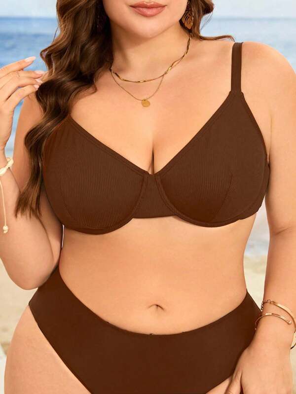 Swim Lushoire Plus Size Women's Simple Solid Color Ribbed Underwire Bikini Top, Suitable For Summer Beach Vacation