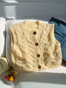 Comfortcana Cream Butter Yellow Ladies New Sleeveless Twisted Metal Button Sweater Vest Suitable For Spring, Summer, Autumn And Winter Vacation - Apricot - View 6