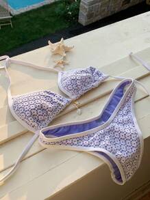 Comfortcana Thong Bikini Summer Vacation Beach Net Halter  Set - Blue - View 5