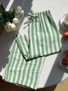 SHEIN EZwear Quần dài nữ họa tiết sọc có dây rút eo thường ngày đa năng cho sân bay - màu xanh lá - Xem 2