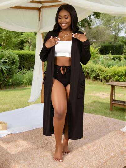 RueChic Plus Size Dames Casual Effen Kleur Patchwork Zak Lange Cardigan