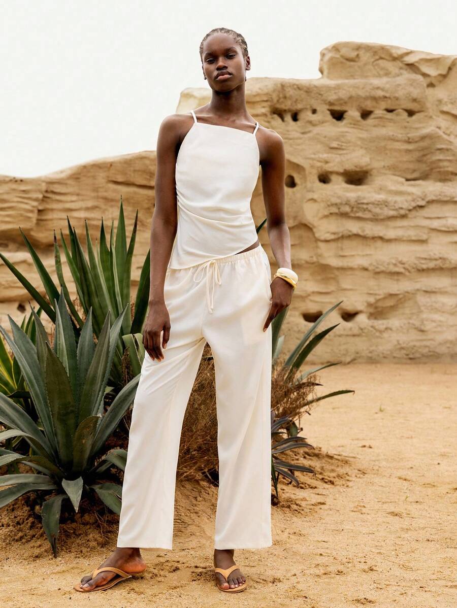 Lumivelle Women 2 Pieces Set: Casual Sleeveless Asymmetric Cami Top And Wide Leg Pants