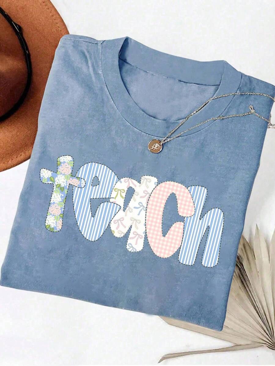INAWLY Comfortable Colorful Plus Size Teacher's Shirt, Kindergarten Teacher Shirt, Teacher T-Shirt, Back To School Shirt, Teacher's Day Women Tee - Dusty Blue - View 1