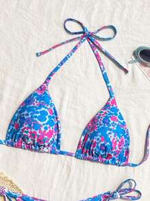 SHEIN 2件套女士花卉侧开襟比基尼泳装，海滩度假风格 - 彩色 - 查看 4