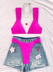 Swim Vcay 2 pièces/Set Maillot de bain sexy à fines bretelles épaisses décoré de perles et col en V pour femme, idéal pour les vacances