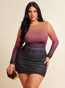 SHEIN BAE 大码时尚性感渐变网纱紧身迷你连衣裙，通勤必备。