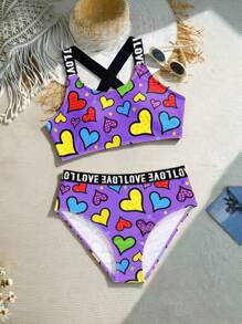 Tween Girl Heart Printed Beach Swimsuit Set - Purple - View 3