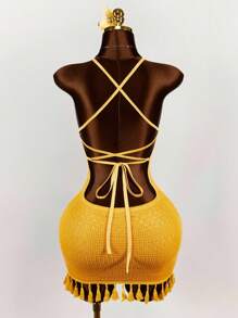 Amplova Gaun Mini Bodycon Tanpa Lengan dengan Leher V Dalam, Tali Pengikat, dan Rumbai, Kain Bertekstur, Cocok untuk Hari Thanksgiving - Kuning - View 6