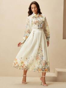 Anewsta 2 Pieces Set: Stand Collar Lantern Sleeve Printed Top + Skirt, Elegant & Graceful, European & American Style, 2025 New Arrival