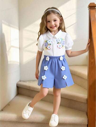 Girls Floral Print Collared Short Sleeve Shirt And 3D Flower Shorts Set, Casual Summer Outfit School Girl Outfit Young Girls Sets Girls Coord Sets Kids Clothes Girls Cute Uniform Style Sets For Girls Clothes