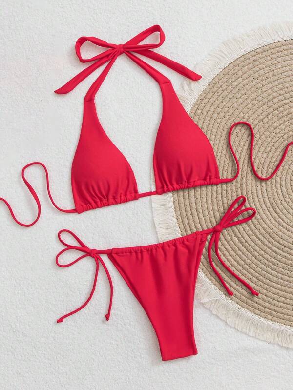 Swim Vcay 1pc Women Summer Beach Solid Color Halter Tie Side Sexy Bikini Two-Piece Swimsuit Set Mini Triangle