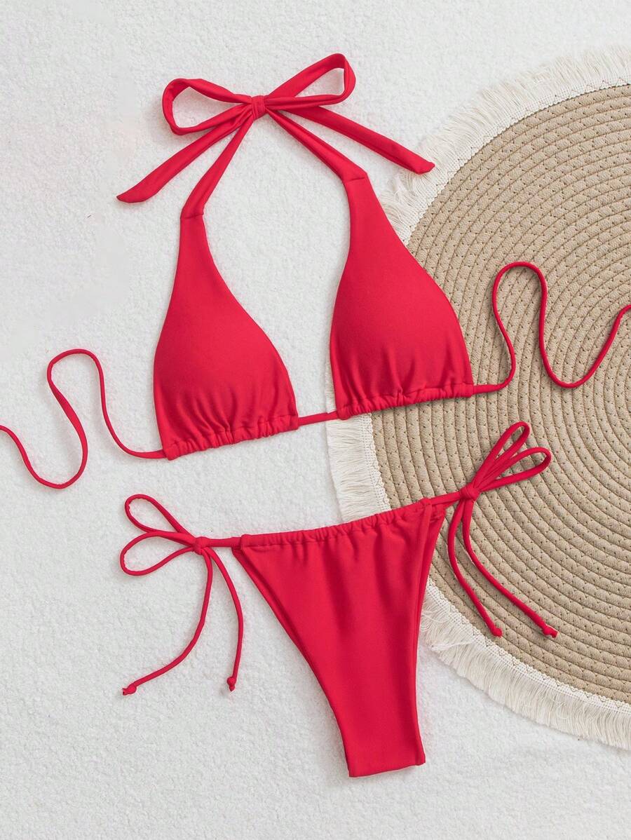 Swim Vcay 1 件女士夏季海滩纯色吊带侧系带性感比基尼两件套泳衣套装迷你三角 - 紅色 - 查看 1