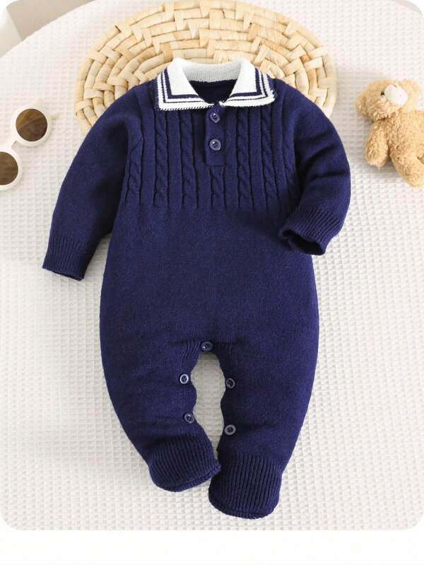 SHEIN Newborn Baby Boy/Girl Polo Collar All-In-One Footed Pants, Cable Knit Texture Romper Suitable For Autumn/Winter Indoor And Outdoor Wear