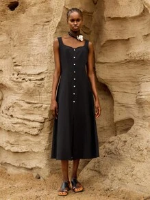 Lumivelle Women's Summer Solid Sweetheart Neckline Sleeveless Elegant Dress With Buttons - Black - View 1