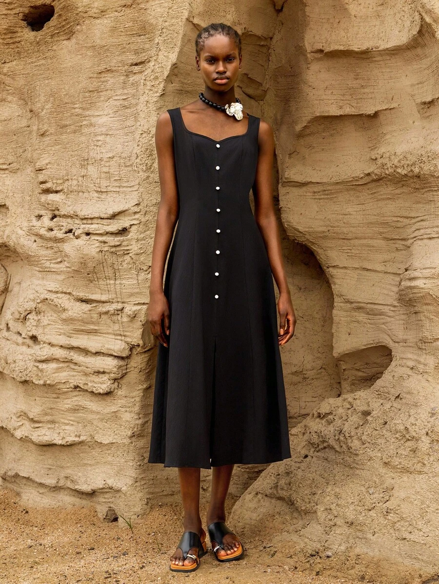 Lumivelle Women's Summer Solid Sweetheart Neckline Sleeveless Elegant Dress With Buttons - Black - View 1