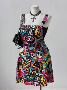 SHEIN Sweetro Plus Size Colorful Skull Print Suspender Dress - Multicolor - View 3