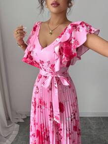 Elenzga V-Neck Digital Floral Print Vacation Style Ruffle Waist A-Line Elegant Romantic Dress For Women
