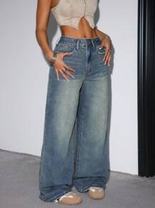 SHEIN 青少年女孩时尚休闲 Y2K 复古风，舒适透气，百搭宽松牛仔裤，适合青少年女孩日常穿着，柔软舒适，也适合青少年女孩春夏派对、海滩度假等场合，阔腿牛仔裤，秋冬皆宜。