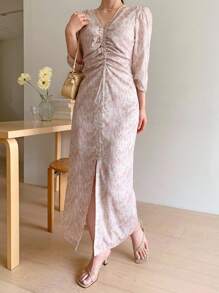 DAZY Women Floral Print Pleated Puff Sleeve Split Hem Midi Dress