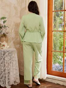 Côtesoire French Romantic Lace Patchwork Tied Pajama Set For Women Cozy And Elegant Details, Fall Winter Clothes - Green - View 2