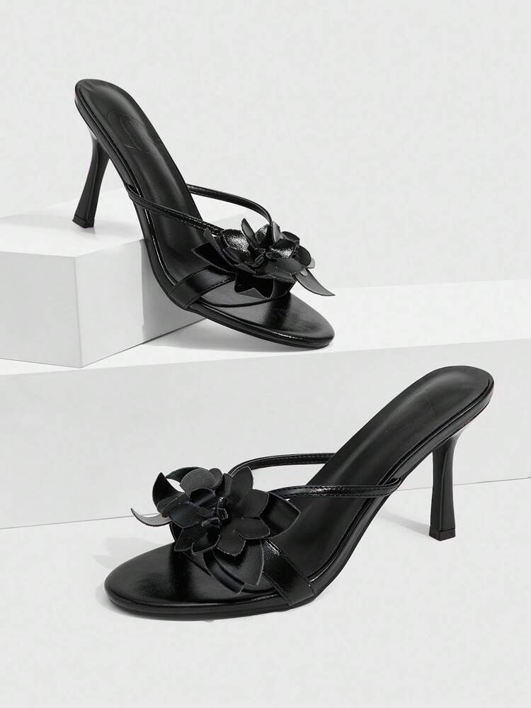 CUCCOO SZL Women's Black Metal & PU Color Block Flower Decor Fashionable Sexy Strap Glam Nightclub Round Toe Mule High Heel Sandals