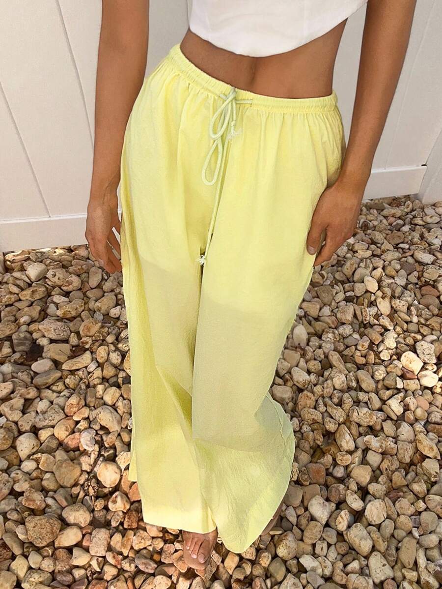 SHEIN EZwear 女式纯色抽绳腰蕾丝拼布口袋裤子