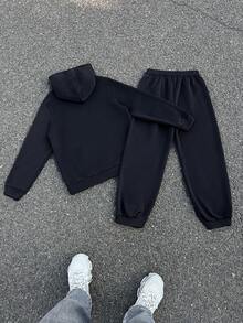 SHEIN 青少年男孩字母印花长袖连帽运动衫（带口袋）和运动裤休闲装 - 黑色 - 查看 7