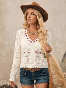 LanaWest Women's Solid Color V-Neck Waist Tied Boho Elegant Sweater Knit Pullover Fall Winter - Apricot - View 5