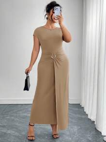 Ellevyn 大码女式优雅圆领长袖金属扣扭腰连衣裙，适合工作/休闲穿着